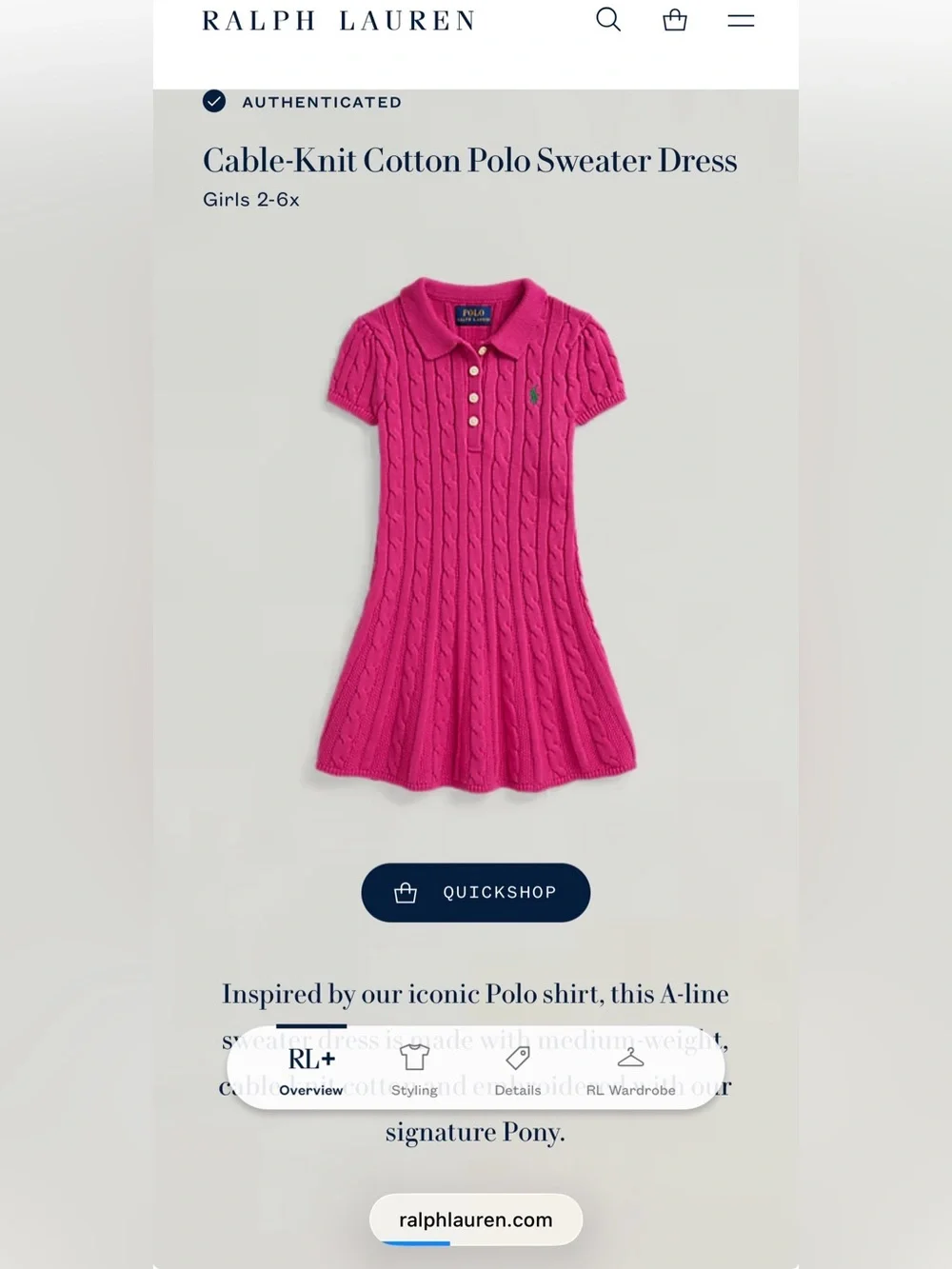 Polo Ralph Lauren Girl’s Cable-Knit Cotton Polo Sweater Dress, Size 3T